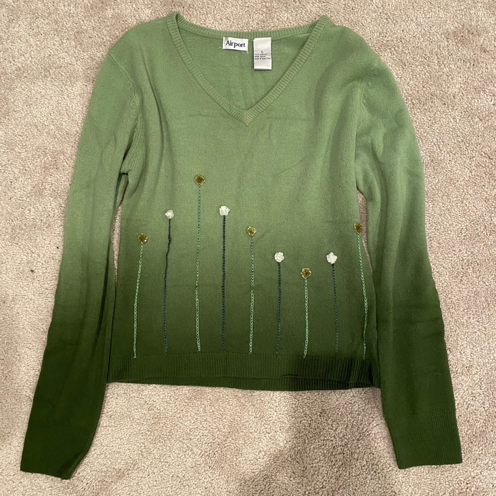 Green Ombré Sweater w/ embroidered sequin flowers